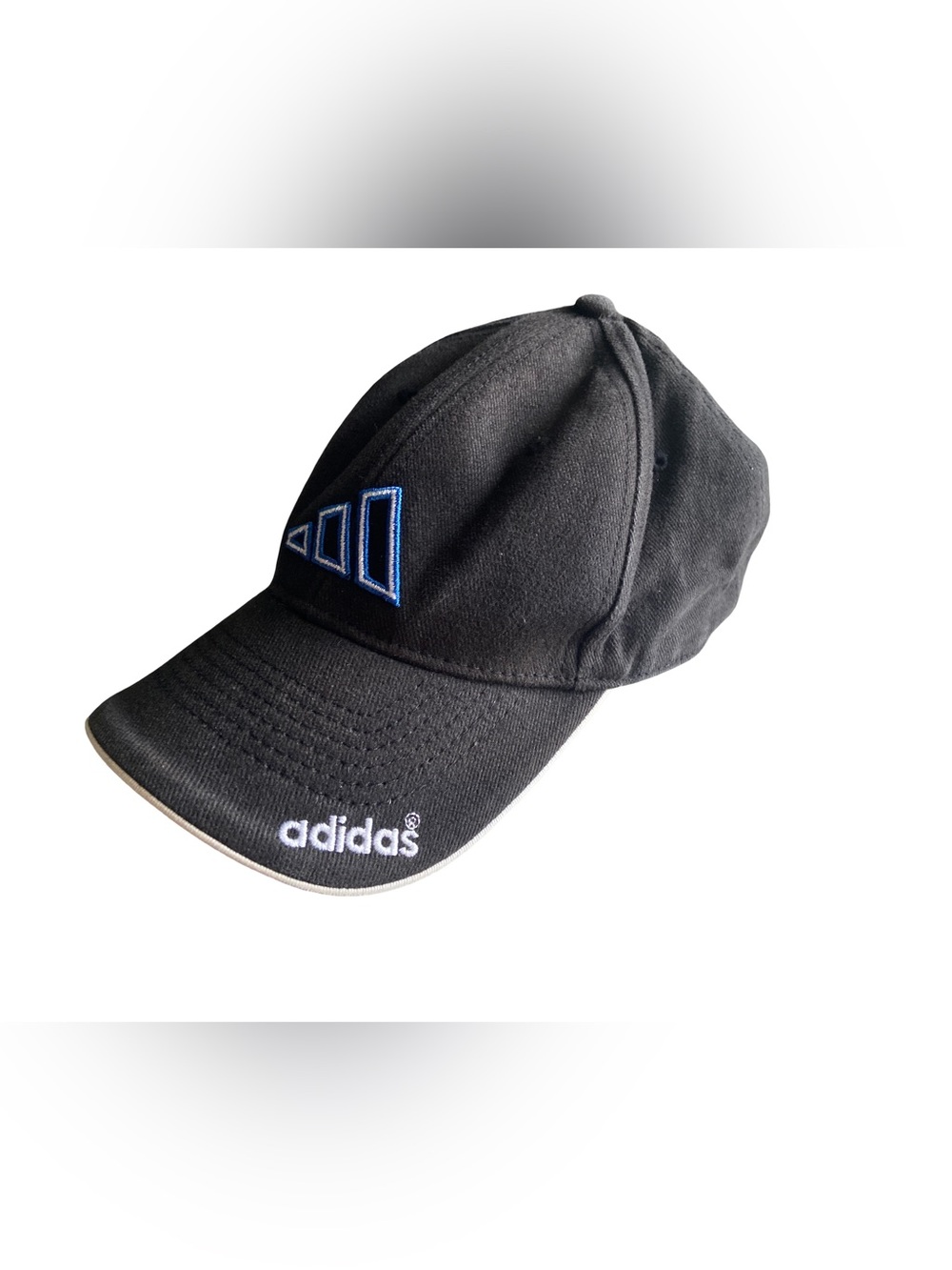 Vintage Adidas 3 Bar Spellout Strapback Hat Black Blue Under Brim Y2K